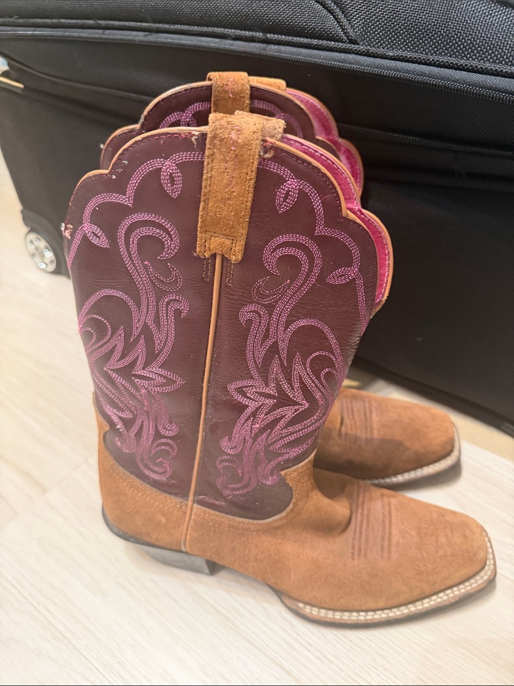 Ariat Tan Suede Heeled Boots with Purple Embroidered Shaft